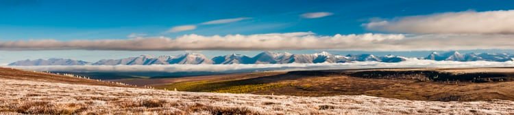 Snow capped Altai range standing over open autumn steppe